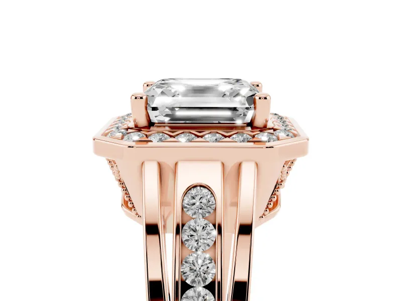Asscher Cut Vintage Halo Engagement Ring Setting | Channel-Set Split Shank | Rose Gold
