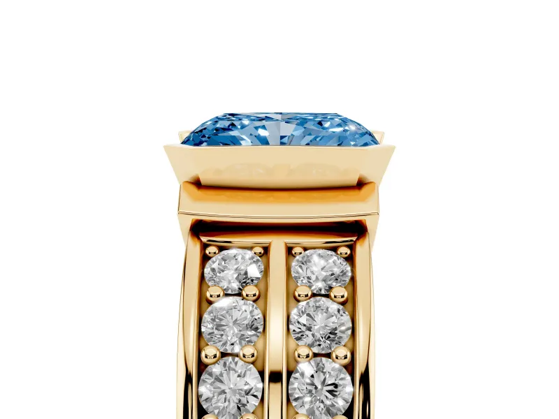 Radiant Cut Half Bezel Engagement Ring Setting for a Fancy Blue Lab-Grown Diamond | Channel Band | Yellow Gold