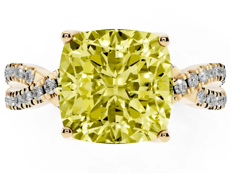 Cushion Cut Twisted Pave Engagement Ring Setting for a Fancy Yellow Lab-Grown Diamond | Split Shank | Yellow Gold
