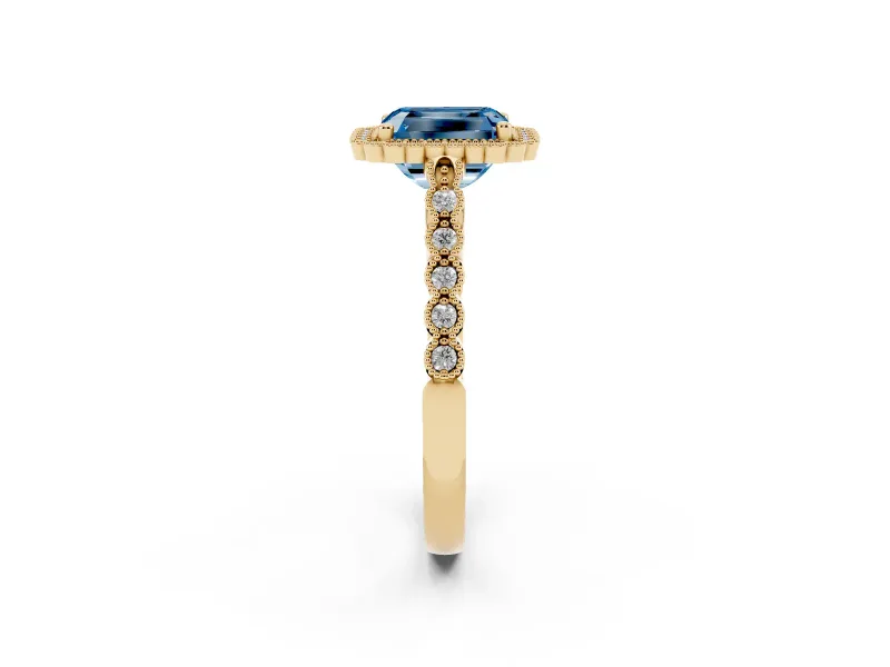 Radiant Cut Milgrain Halo Engagement Ring Setting for a Fancy Blue Lab-Grown Diamond | Beaded Shoulders | Yellow Gold