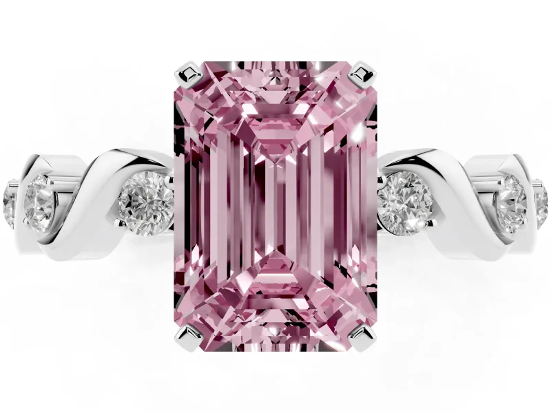 Fancy Pink Emerald Cut Diamond Solitaire Ring Set in White gold with Ribbon Twist Band, Round Accents and Prong Setting