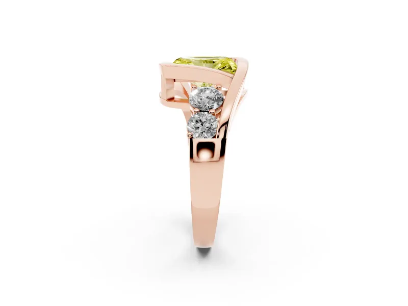 Fancy Yellow Radiant Cut Diamond Bezel Bypass Ring Set in Rose gold with Round Accents