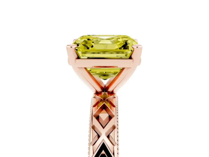 Fancy Yellow Asscher Cut Diamond Solitaire Ring Set in Rose gold with Milgrain and Black Enamel X Pattern Band