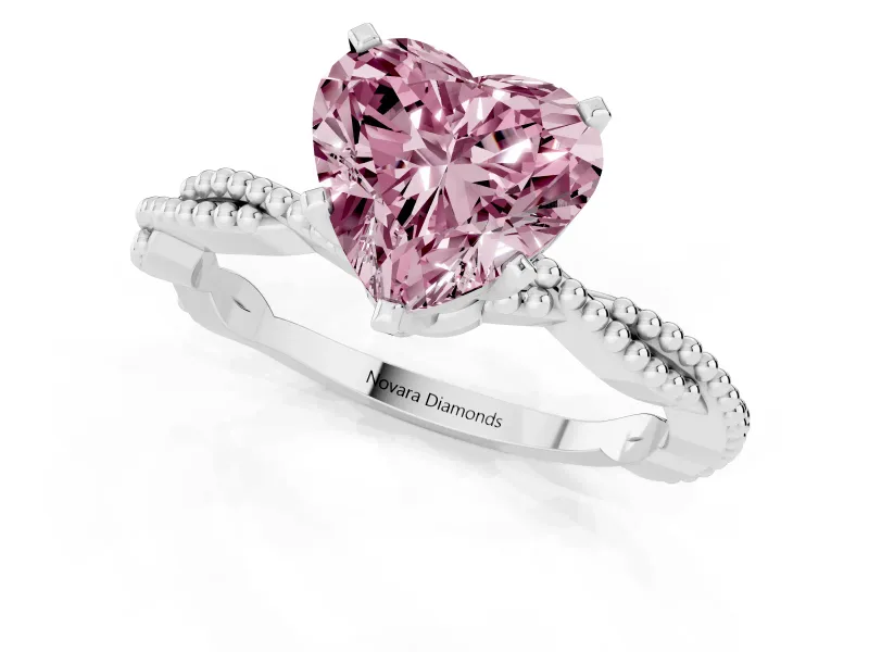 Fancy Pink Heart Cut Diamond Solitaire Ring Set in Silver with Twisted Band and Bead Prong Setting