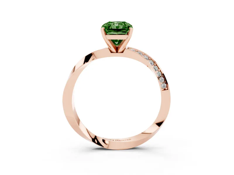 Fancy Green Radiant Cut Diamond Engagement Ring Set in Rose gold with Side Stone Accents and Prong Setting