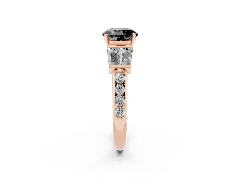 Fancy Black Round Cut Diamond Engagement Ring Set in Rose gold with Baguette Side Stones and Channel Set Band