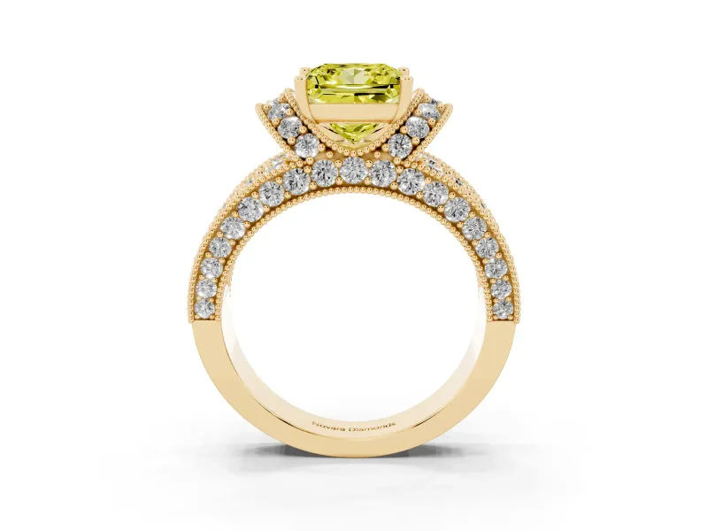 Princess Cut Vintage Pave Engagement Ring Setting for a Fancy Yellow Lab-Grown Diamond | Milgrain Edges | Yellow Gold