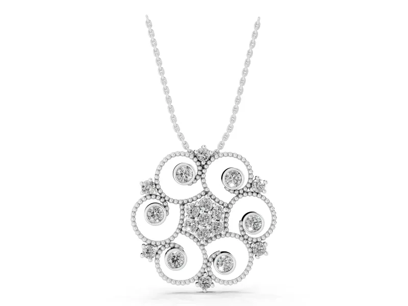 Round Lab-Grown Diamond Milgrain Flower Medallion Pendant Necklace | Bezel Petals | White Gold