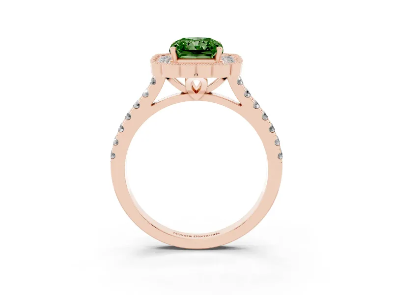 Fancy Green Radiant Cut Diamond Milgrain Floral Halo Engagement Ring Set in Rose gold with Pavé Band