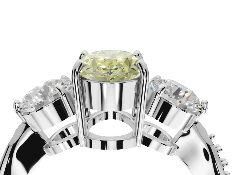 Oval Three Stone Engagement Ring Setting for a Fancy Yellow Lab-Grown Diamond | Tapered Pave Band | Platinum
