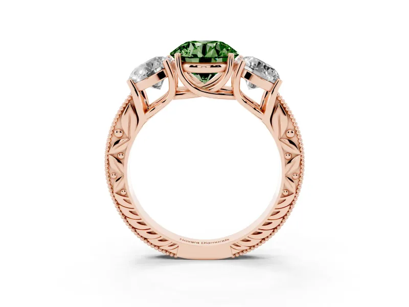 Round Vintage Three Stone Engagement Ring Setting for a Fancy Green Lab-Grown Diamond | Rose Gold