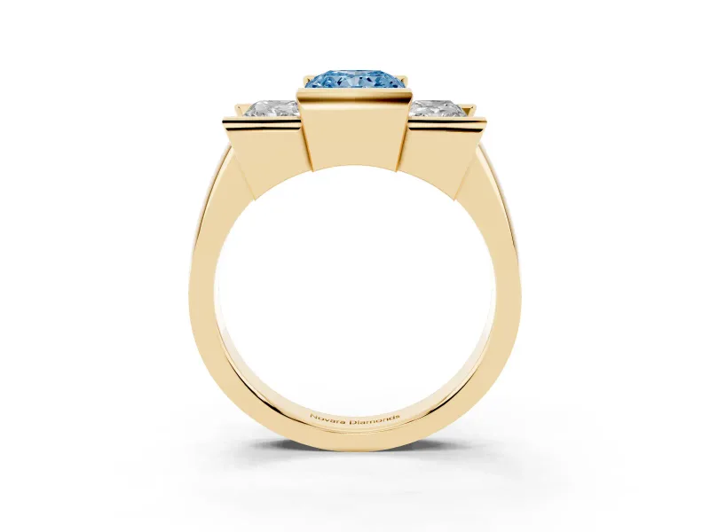 Radiant Cut Channel-Set Three Stone Engagement Ring Setting for a Fancy Blue Lab-Grown Diamond | Yellow Gold