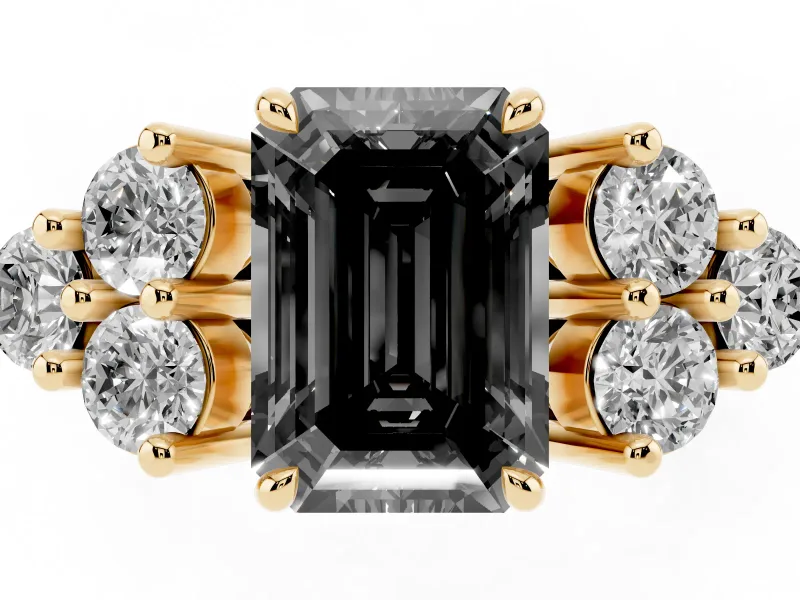Emerald Cut Cluster Side Stone Engagement Ring Setting for a Black Center | Plain Band | Yellow Gold