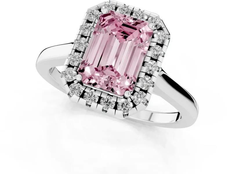 Fancy Pink Emerald Cut Halo Round Diamond Solitaire Ring Set in Platinum with Pavé Band and Prong Setting