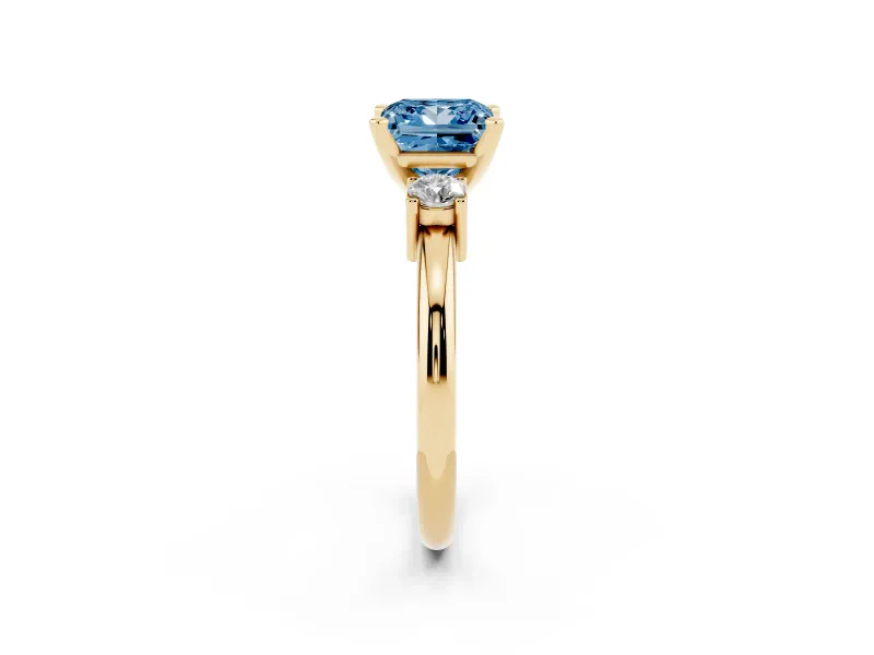 Princess Cut Three Stone Engagement Ring Setting for a Fancy Blue Lab-Grown Diamond | Round Side Stones | Yellow Gold