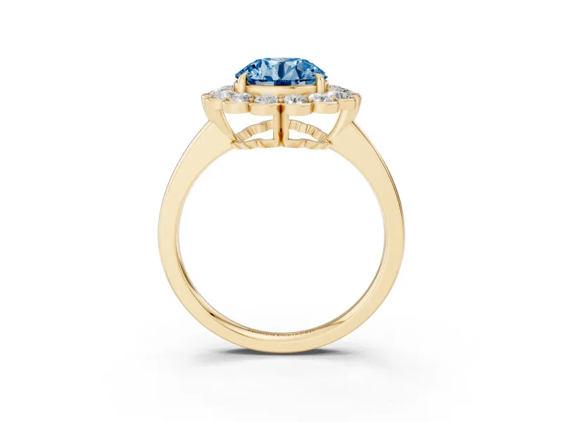 Round Scalloped Cluster Halo Engagement Ring Setting for a Fancy Blue Lab-Grown Diamond | Plain Band | Yellow Gold