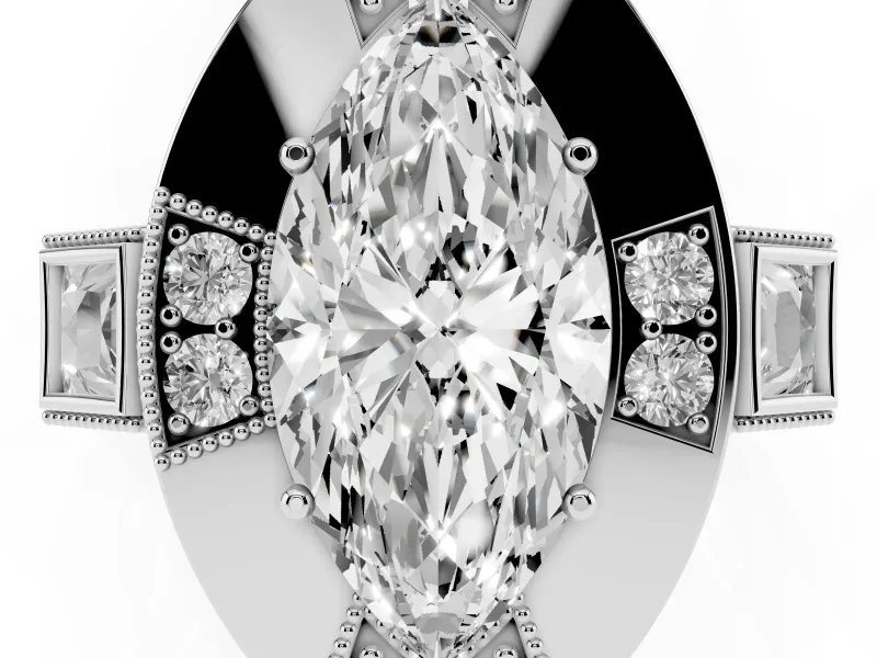 Marquise Cut Diamond Milgrain Halo Ring Set in Platinum with Split Shank