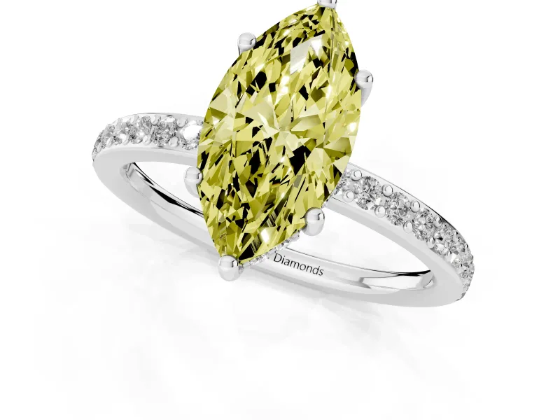 Fancy Yellow Marquise Cut Diamond Pavé Band Ring Set in Platinum with Prong-Set Center Stone