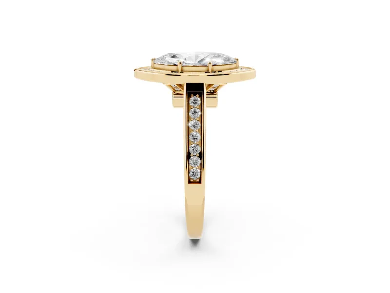 Marquise Cut Diamond Halo Solitaire Ring Set in Yellow gold with Pavé Band and Bezel Setting