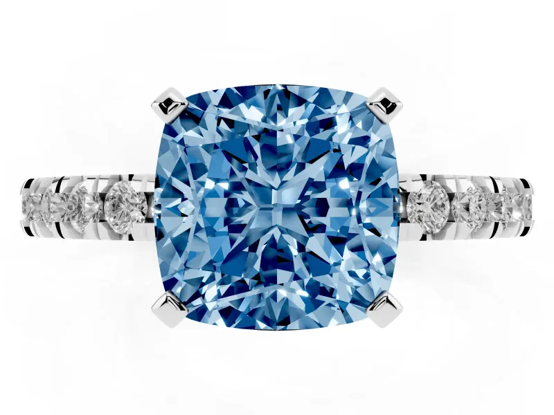 Fancy Blue Cushion Cut Diamond Pavé Band Solitaire Set in White gold with Prong Setting