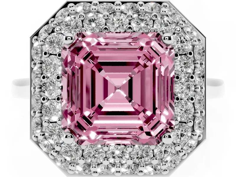 Fancy Pink Asscher Cut Diamond Halo Engagement Ring Set in White gold with Solitaire Band and Prong Setting