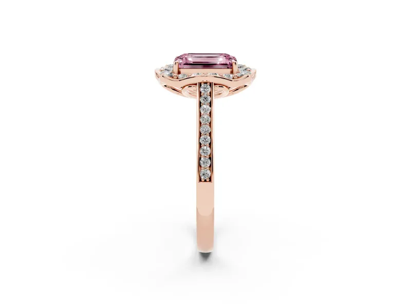 Emerald Cut Halo Engagement Ring Setting for a Fancy Pink Lab-Grown Diamond | Petal Tips | Rose Gold