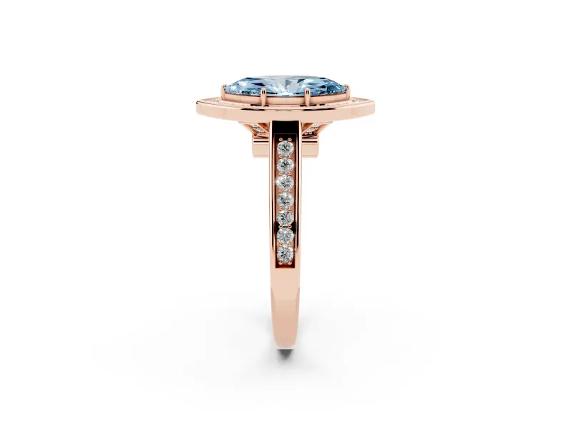 Fancy Blue Marquise Cut Diamond Halo Solitaire Ring Set in Rose gold with Pavé Band and Bezel Setting