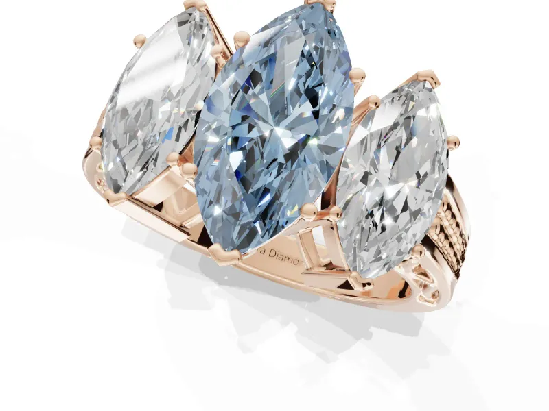 Marquise Three Stone Engagement Ring Setting for a Fancy Blue Lab-Grown Diamond | Beaded Shoulders | Rose Gold