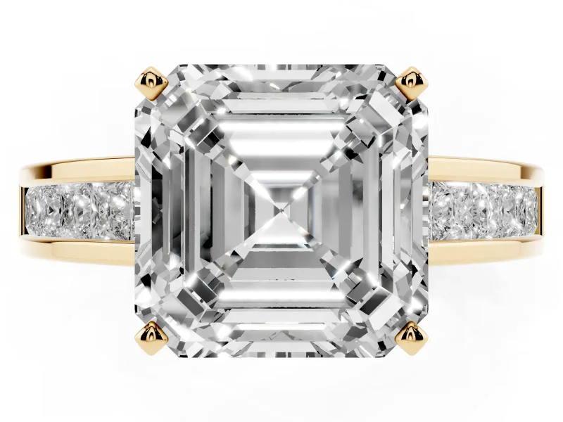 Asscher Cut Diamond Solitaire Ring Set in Yellow gold with Channel-Set Band and Prong Setting