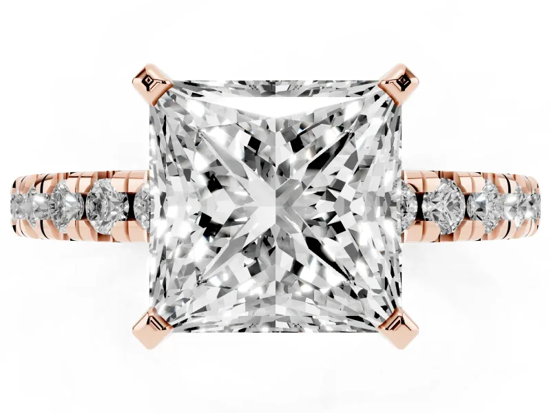 Princess Cut Diamond Solitaire Pavé Engagement Ring Set in Rose gold with Round Band and Prong Setting