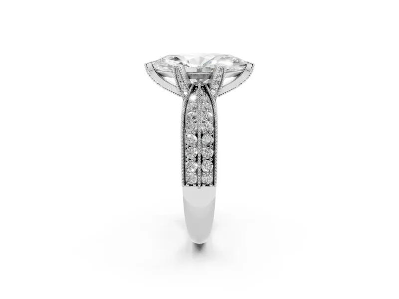Marquise Cut Diamond Solitaire Ring Set in White gold with Milgrain Double Row Round Pavé Band