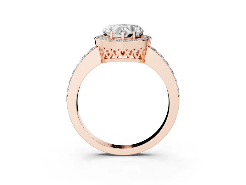 Heart Cut Diamond Halo Ring Set in Rose gold with Pavé-Setting Band and Open Prong Center