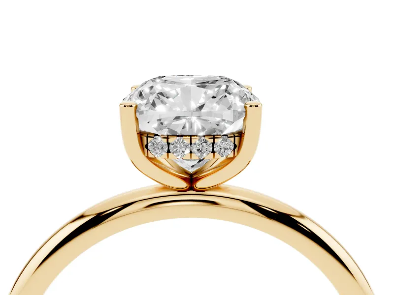 Cushion Cut Micro-Prong Hidden Halo Engagement Ring Setting | Plain Band | Yellow Gold
