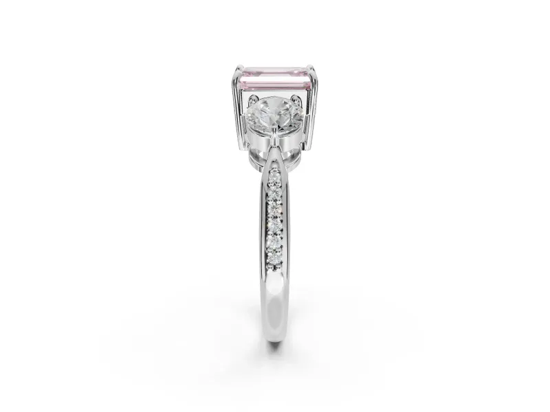 Emerald Cut Three Stone Engagement Ring Setting for a Fancy Pink Lab-Grown Diamond | Tapered Pave Band | White Gold