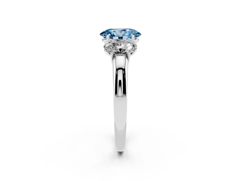 Fancy Blue Oval Cut Diamond Three-Stone Ring Set in Silver with Bold Center and Classic Band