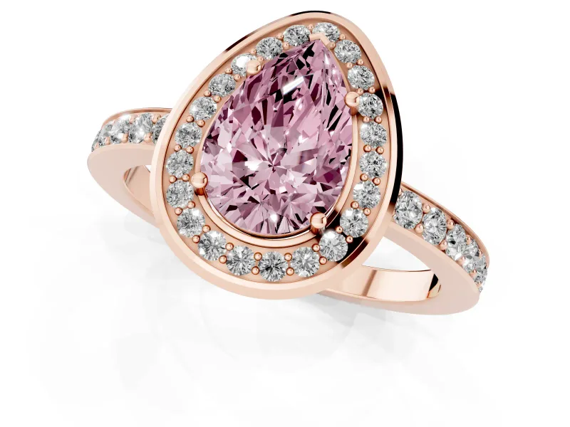Fancy Pink Pear Cut Diamond Halo Ring Set in Rose gold with Bezel Frame and Pavé Band