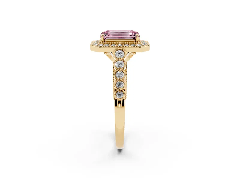Emerald Cut Graduated Milgrain Halo Engagement Ring Setting for a Fancy Pink Lab-Grown Diamond | Yellow Gold