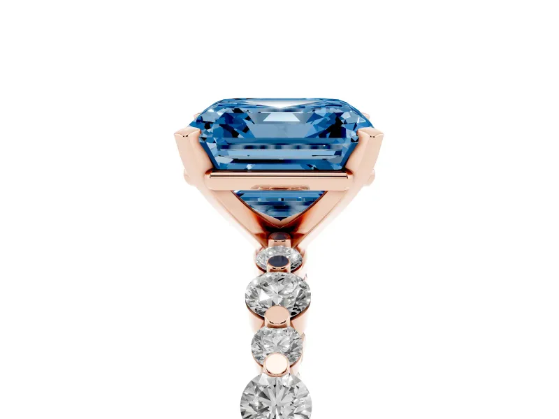 Fancy Blue Asscher Cut Diamond Prong Set Engagement Ring Set in Rose gold with Round Accent Pavé Band