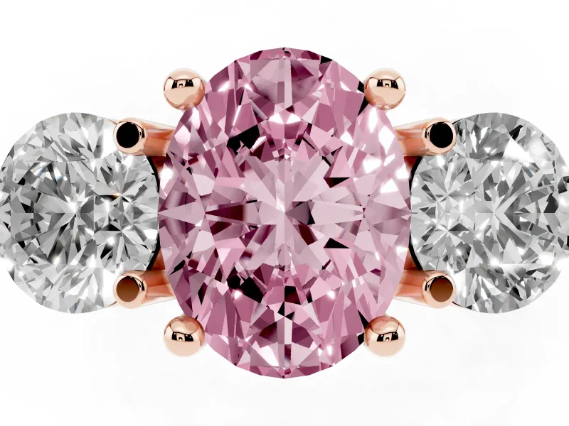 Fancy Pink Oval Cut Diamond Three-Stone Ring Set in Rose gold with Prong Setting and Classic Band