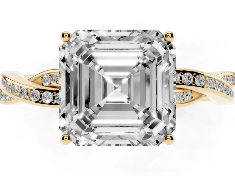 Asscher Cut Twisted Pavé Solitaire Engagement Ring Setting | Open Basket | Yellow Gold
