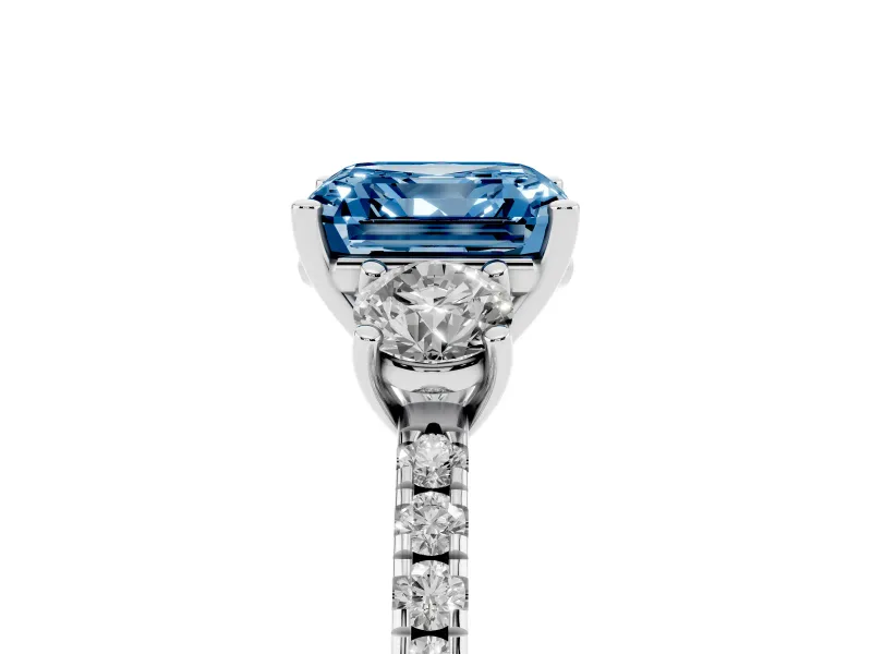 Asscher Cut Three Stone Engagement Ring Setting for a Fancy Blue Lab-Grown Diamond | Pave Shoulders | Sterling Silver
