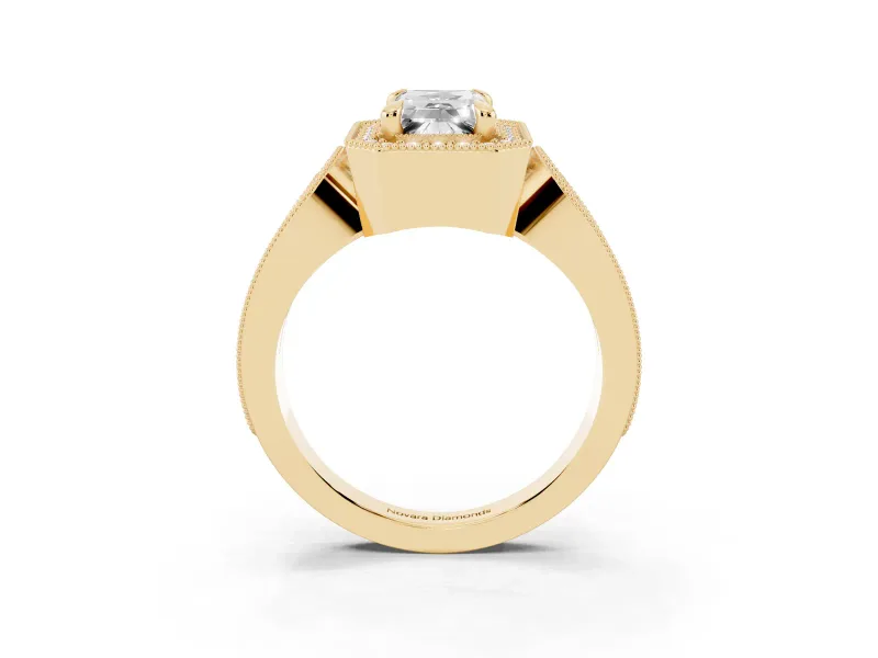 Emerald Cut Diamond Halo Ring Set in Yellow gold with Milgrain Accent Split Shank