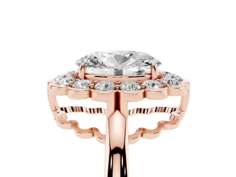 Oval Scalloped Cluster Halo Engagement Ring Setting | Plain Band | Rose Gold