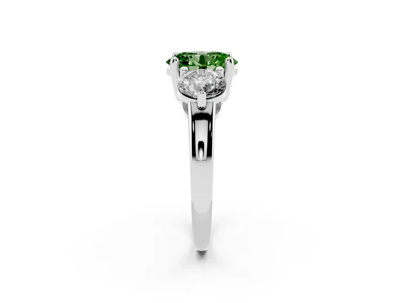 Fancy Green Oval Cut Diamond Three-Stone Ring Set in White gold with Prong Setting and Classic Band