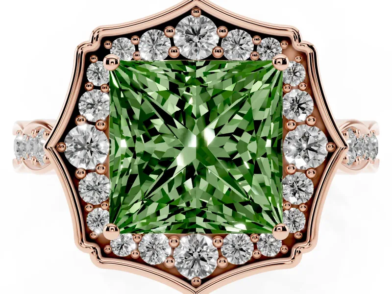 Princess Cut Vintage Scalloped Halo Engagement Ring Setting for a Fancy Green Lab-Grown Diamond | Pave Band | Rose Gold