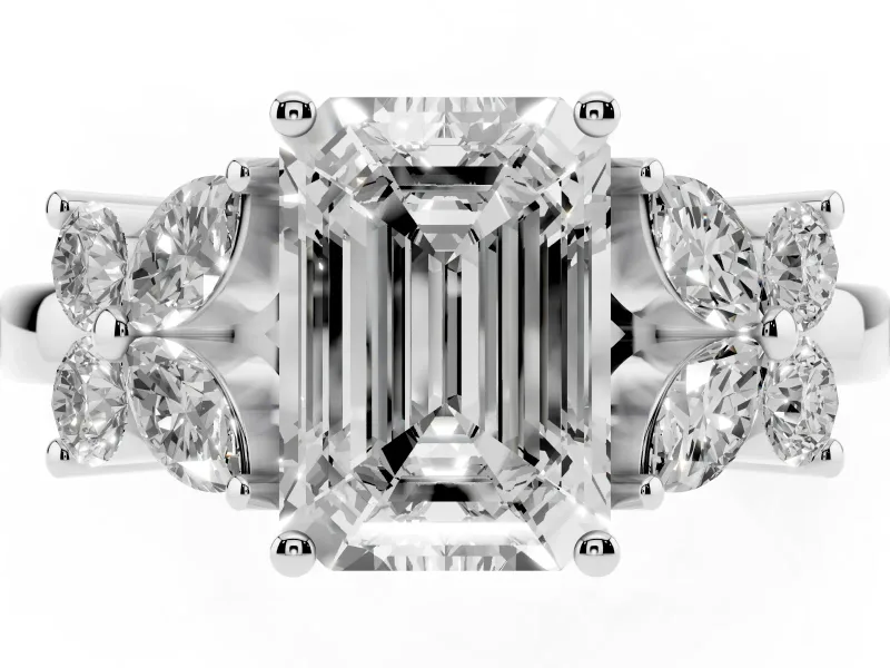 Emerald Cut Diamond Floral Cluster Ring Set in Platinum with Marquise Petals and Prong Setting