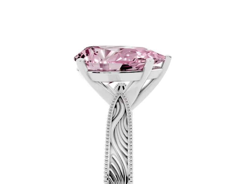 Fancy Pink Pear Cut Diamond Solitaire Milgrain Engraved Band Set in White gold with Prong Setting