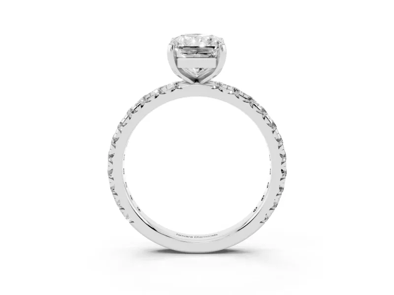 Radiant Cut Diamond Pavé Solitaire Ring Set in Platinum with Round Band and Prong Setting
