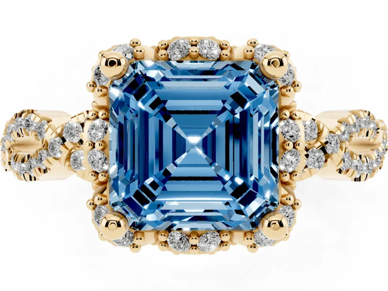 Fancy Blue Asscher Cut Diamond Halo Twist Band Solitaire Ring Set in Yellow gold with Prong-Set Center Stone