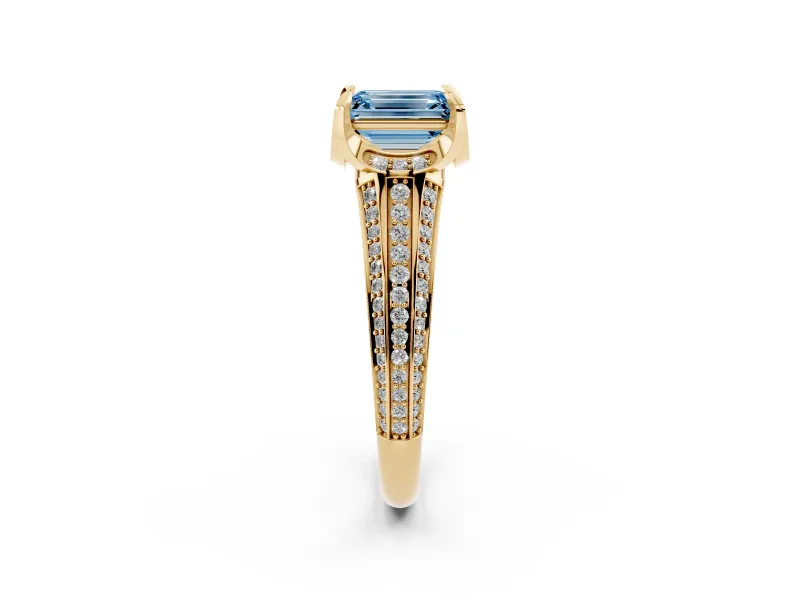Fancy Blue Emerald Cut Diamond Pavé Split Shank Solitaire Ring Set in Yellow gold with Prong Setting